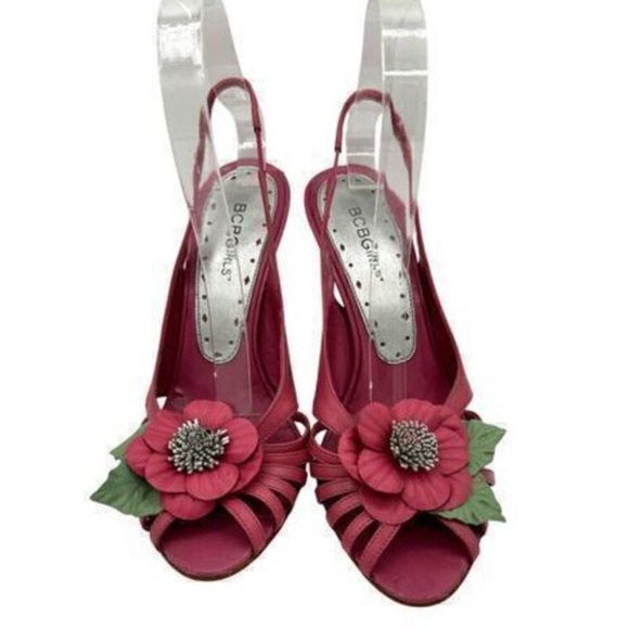 BCBGMaxAzria Pink and Green Floral Heels - Picture 1 of 7